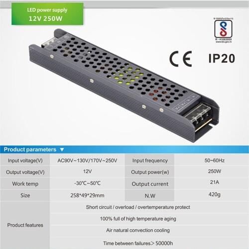 AC 100V-250V to DC 12V 21A DC 24V 10.5A 250w lighting transformer 3 years warranty CE Rohs EMC LVD