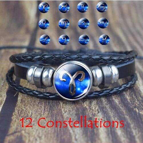 12 Constellations Augury Black Leather Bracelet Zodiac Multi-layered Braided Bracelets Sagittarius Capricorn Aquarius Pisces