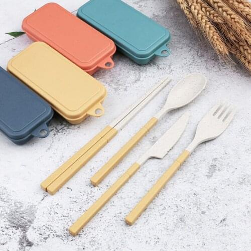 4 Colors 4Pcs/Set Wheat Straw/PP for Picnic Camping Folding Chopsticks Portable Travel Tableware Multi Purpose Fork Cutlery Set
