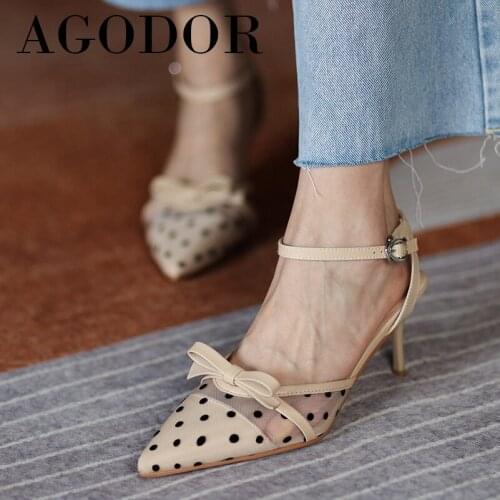 AGODOR Pointed Toe Slingbacks Shoes Women Genuine Leather High Heels Ankle Strap Thin Heel Pumps Bow Buckle Ladies Footwear 40
