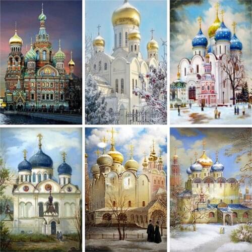 Huacan 5d Diamond Painting Full Square Church Castle Diamond Embroidery Sets Mosaic Building Landscape Paintings For Interior
