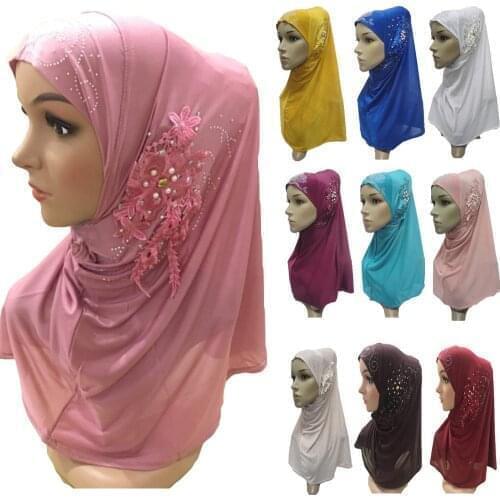 Arab Muslim Women Hijab Hats Flower Amira Hot Drilling Headscarf Islamic Shawl Wrap Caps Full Cover Prayer Hat Head Wrap Turban