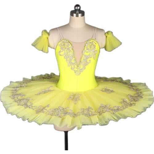 All For Dance 2019 New Yellow Spandex Bodice With Gold Trim Ballerina Pre-professional Pancake Tutu Balle Dance Cosutme