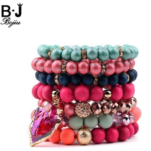 BOJIU 7 Pcs/Set Wood Beads Bracelets For Women Pink Brown Crystal Cubic Zircon Bead Arrow Pendant Bracelet lady Jewelry BCSET183