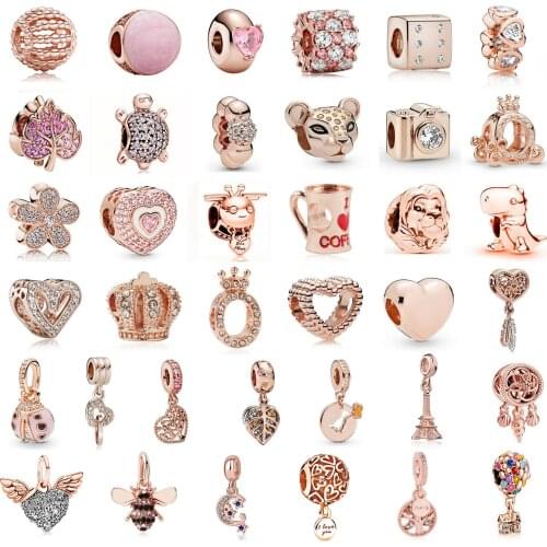 2021 Rose Gold Flower Leaf Crown Heart Coffee Dangle Pendant Beads Fit Original Pandora Charms Bracelet DIY Women Jewelry Gifts