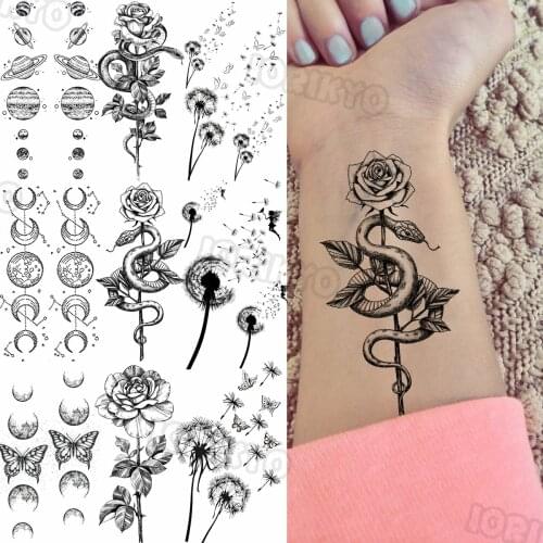 Black Snake RoseFlower Temporary Tattoos For Women Adults Realistic Dandelion Outer Space Fake Tattoo Sticker Arm Body Tatoos