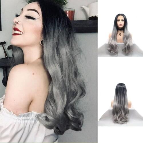 Long Wavy Ombre Grey to Black Lace Front Wig Middle Part Synthetic Wig Heat Resistant Fiber Makeup Wig for Women 24 Inches