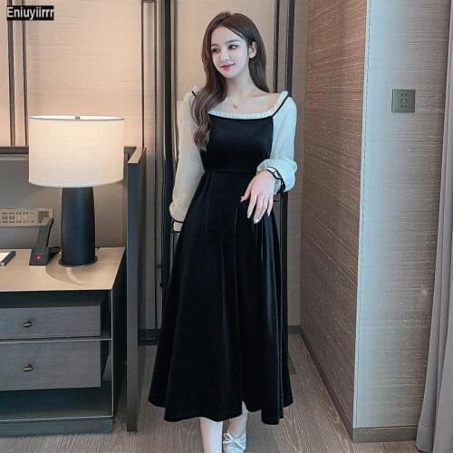 Square Neck Flared Elegant Velvet Dress Women Autumn Winter Basic High Waist Long Sleeve Ladies Fit And Flare Party Dresses