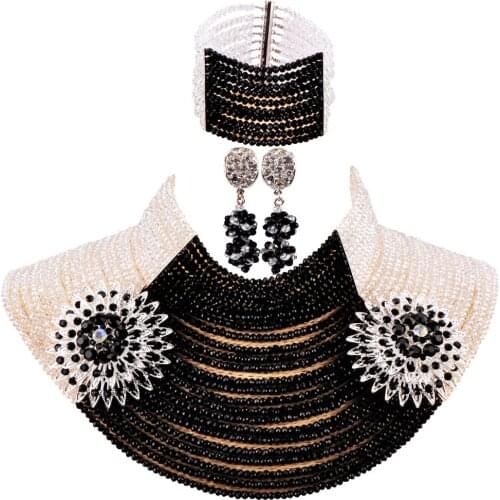 Graceful black and clear ab 25 layers strand necklace crystal bead african wedding jewelry set