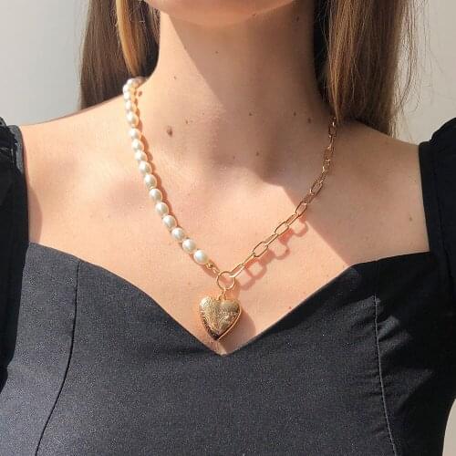 Simulated Pearl Choker Necklace Heart-Saped Stick Pendant Dssymmetric Chains For Jewelry Personalized Naszyjniki Damskie