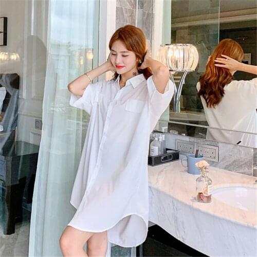 Summer nightwear ins boyfriend style shirt skirt chiffon loose large size nightgown lapel solid color nightdress sexy sleepwear