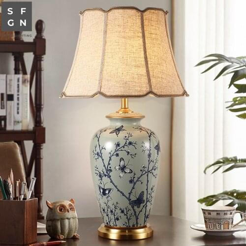 Copper Table Lamp Modern Chinese Style for Living Room Jingdezhen Ceramic Lamp Luxury Bedroom Bedside Decorated LED Lamp