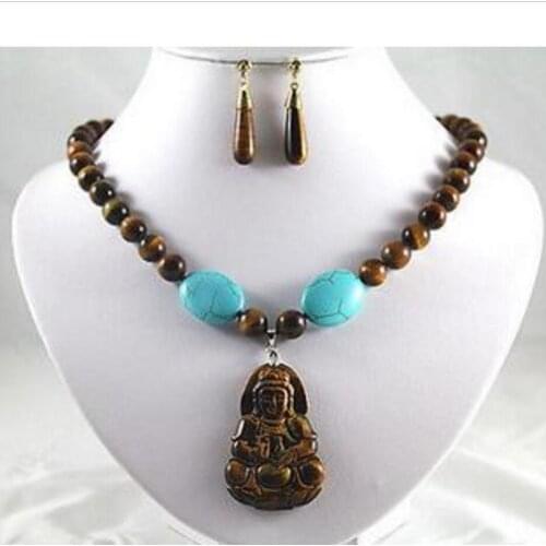 Fashion Green Jade/Tiger Eye Stone Buddha/Guanyin Lucky Pendant Necklace