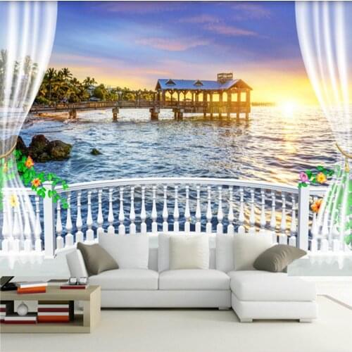 Custom Photo Wall Paper 3D Balcony Beautiful Sea View Sunrise Mural Living Room Bedroom Cafe Restaurant Backdrop Wall Home Decor