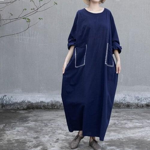NINI WONDERLAND 2021 Autumn Cotton Linen Vintage Dress Women Loose Robe Batwing Sleeve Big Size Dress Pockets Mori Girls Style