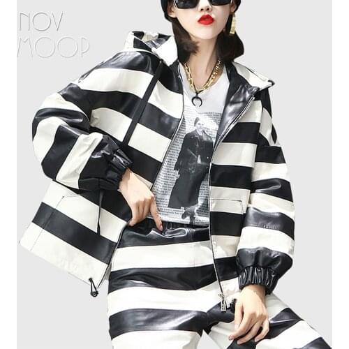 Novmoop genuine leather women hooded jacket wide stripe printed sheepskin hip hop casual style color block Veste de cuir LT3451