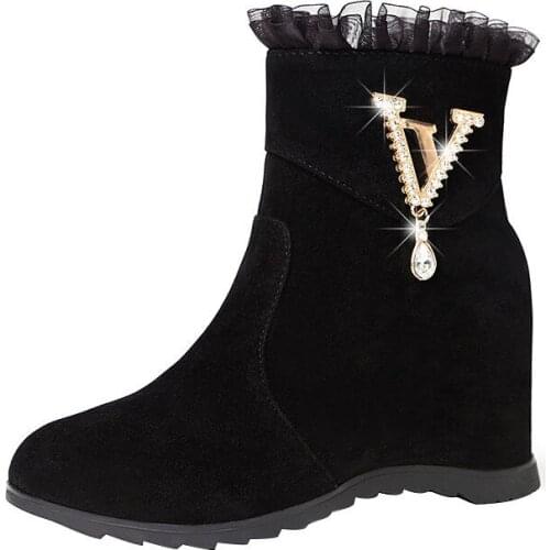 Autumn and Winter New Frosted Women Boots Mid-heel Rhinestone Women Martin Boots Fur Rubber Mixed Colors Ladies Wedges Boots