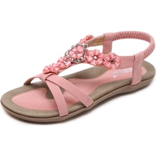 Sweet PINK Sandals Bossimiya Flower Water Drill Flat Shoes WomenS Shoes Large Size Sandals Ladies Heeled Flip Flops