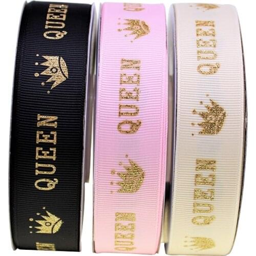 T.R RIBBON 16mm gold glitter ribbon Gift Wrap queen crown print 25 yards