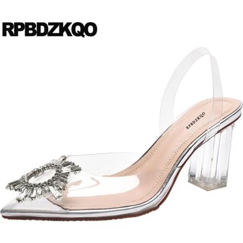 Transparent Perspex Cinderella Women Strap Clear Wedding Shoes High Heels Glass Pointed Toe 3 Inch Thick Pumps Slingback Dress