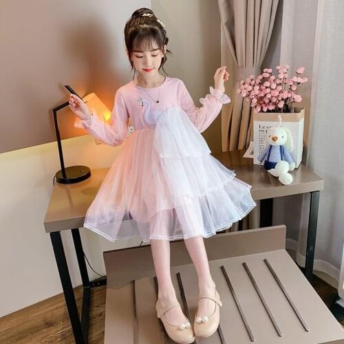 Spring And Autumn Girls Long Sleeve Dress Net One-piece Yarn Princess Dress Girls Fashion Swan Print Dress Pink Sweet Dress 4-14