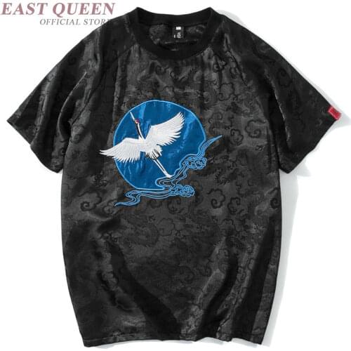 Japanese Streetwear 2019 Summer T Shirt Oriental Clothes Men Chinese Silk Satin Crane Embroidery Huarajuku Hiphop T-Shirt KK2879