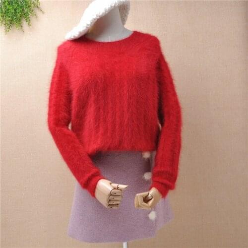 Ladies women fashion red striped hairy angora rabbit fur knitted long sleeves loose pullover mink cashmere winter jumper sweater
