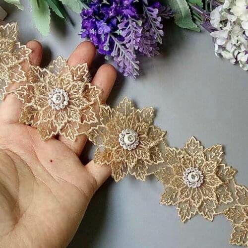 10x Gold Pearl Handmade Beaded Flower Embroidered Lace Flower Trim Ribbon Double Layered Applique Dress DIY Sewing Craft New