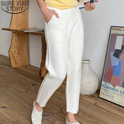 2021 Autumn and Winter Casual Pocket Capris Wide Leg Trousers Warm Thicken Wollen Pants Women Knitted Chic Harem Pants 11069