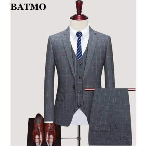 BATMO 2020 new arrival spring plaid casual suits men,mens wedding dress,jackets+pants+vest,SJT819