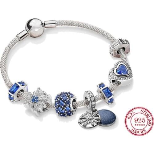 S925 Sterling Silver Bright Fireworks Blue Charm Bracelet Set Wild Beaded Charm Bead DIY Bracelet Birthday Gift Female Jewelry
