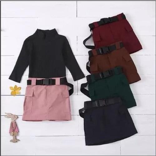 Citgeett Spring Kids Girls Skirt Suit Long Sleeve High Collar Knitted Sweater Solid Short Skirt Belt Autumn Set
