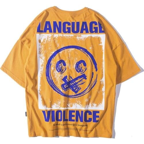 Men Hip Hop Harajuku T-Shirt 2021 Summer Korea Trend Happy Face Doodle Printing Round Neck Tops Tees High Street Couples T Shirt