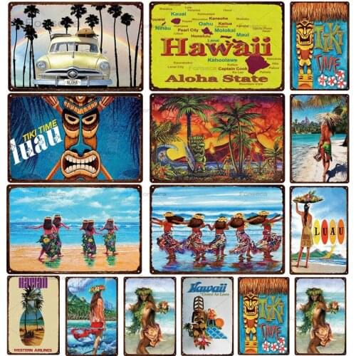 HAWAii Landscape Metal Tin Sign Vintage Plaque Painting Travel Scenery Iron Painting Wall Bar Cafe Home Decoration Wall Artwork