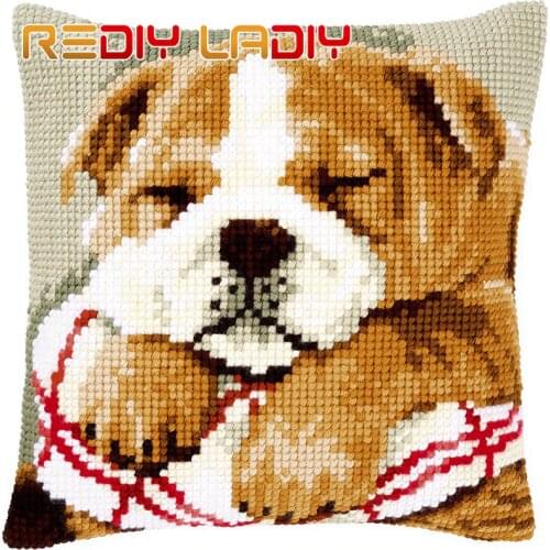 REDIY Cross Stitch Cushion Cover SLEEPING BULLDOG Pillow Case Acrylic Yarn DIY Cross-Stitch Kits Pre-Printed Cushion Dog Pillows