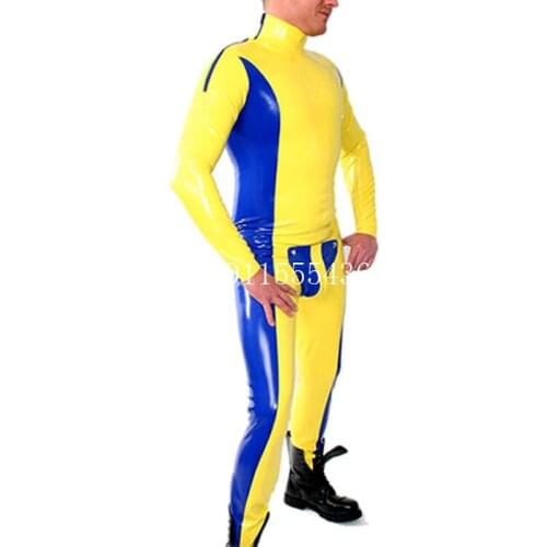 Sexy Handmade Latex Catsuit Yellow with BlueTrims with Shoulder&Crotch Zipper Front Cod piece Tight Bodysuit for Men NO SOCKS