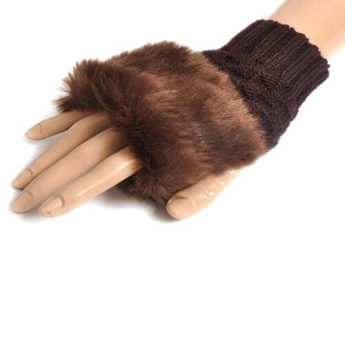 Women Gloves Warm Knitted Mittens Fingerless Plaid Pattern Short Paragraph Winter Wool Half Finger Faux Rabbit Fur Luvas 6 Color