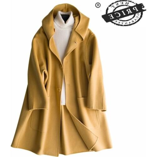 Coat Elegant Winter Women 100% Natural Wool Coat Female Autumn Cashmere Hooded Clothes Long Warm Woolen Jakcet Hiver 1a01