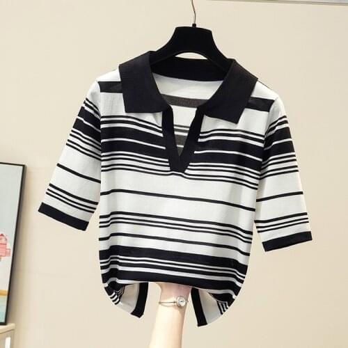 2021 New Loose Women Summer Sweaters V neck Stripe color Simple Short sleeve Jumper Sweater Thin Casual Knitted Pullover