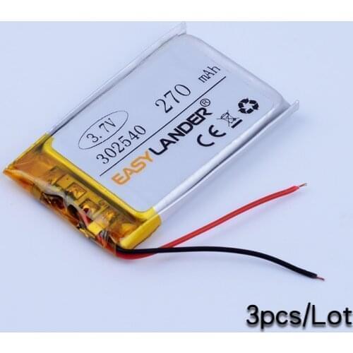 3pcs/Lot 3.7V 270mAh 302540 Li-Polymer Li-ion Battery For bluetooth headset Bracelet Wrist Watch pen DVR GPS PSP MP3 MP4 032540