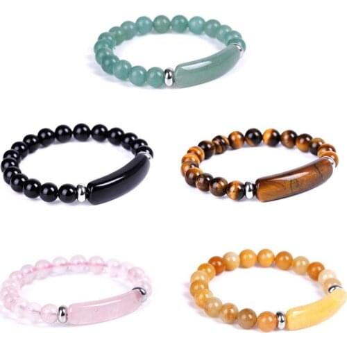 Natural Stone Strand Bracelet 8mm Reiki Healing Quartz Aventurine Agate Rose Crystal Rectangle Bar Charm Beaded Bracelets