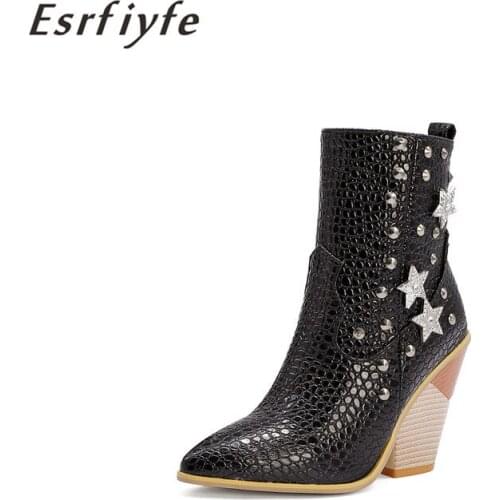 ESRFIYFE 2020 New Brand Stone Grain Leather Women Boots Pointed Toe Autumn Winter Boots Ladies Boots Shoes Large Size 34-48