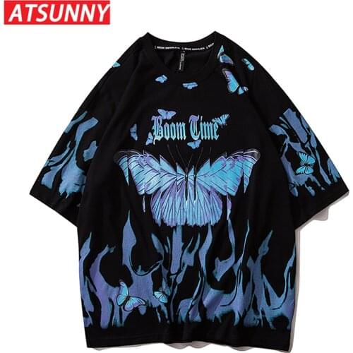 ATSUNNY Flame Butterfly T-Shirt Hip Hop Harajuku Pullover Tee Shirts Men Street Fashion Summer T-Shirt Streetwear Loose Tops