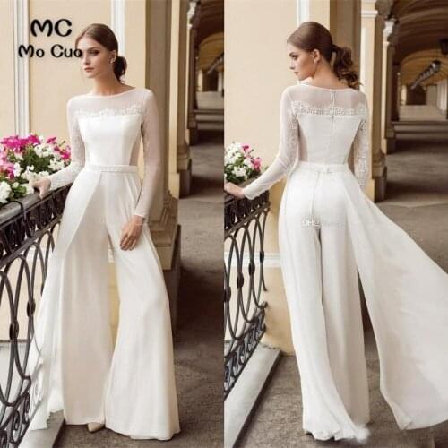 Bohemian Jumpsuit Sheer Lace Wedding Dresses 2021 with Long Sleeves Beach Bridal Gowns Chiffon Boho vestido de