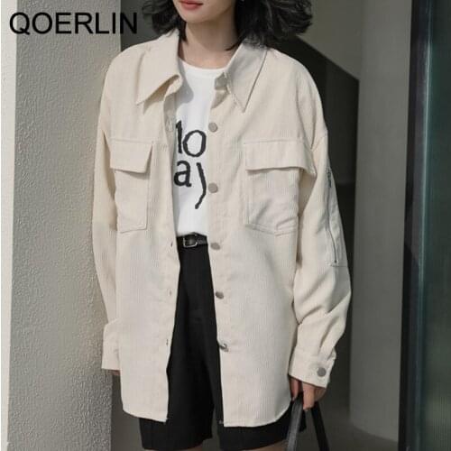 QOERLIN Vintage Oversize Corduroy Bomber Jacket Winter Jacket Women Baseball Jacket Coat Autumn Turn-Down Single-Breasted Poncho