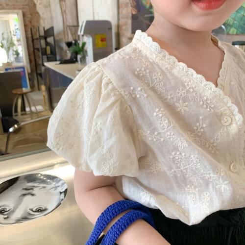 2021 Summer Girls Shirt Lace Collar Kids Tees Puff Sleeve Children Tops Korean Girls Blouse