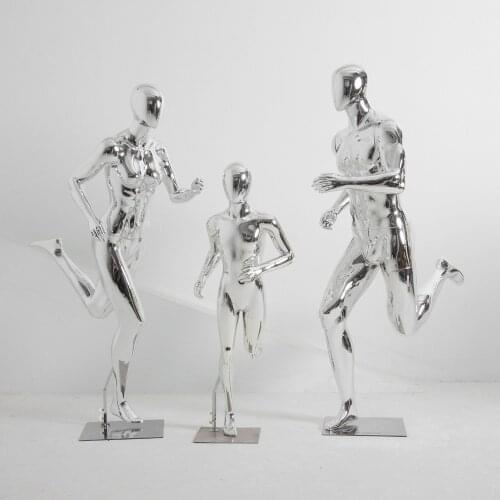 Sports Clothing Store Model Whole Body Muscle Kicking, Running, Silver Plated Mannequin Window Display