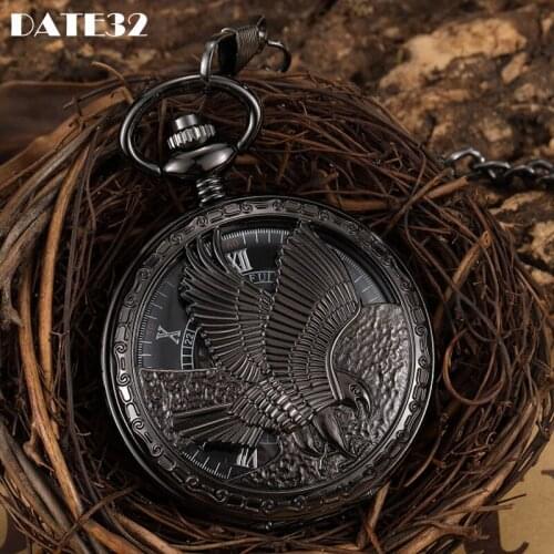 Mechanical Pocket Watch Antique Skeleton Dial Fob Chain Full Black Eagle Case Hanging Clock with Gift Box for Men Dropshipping