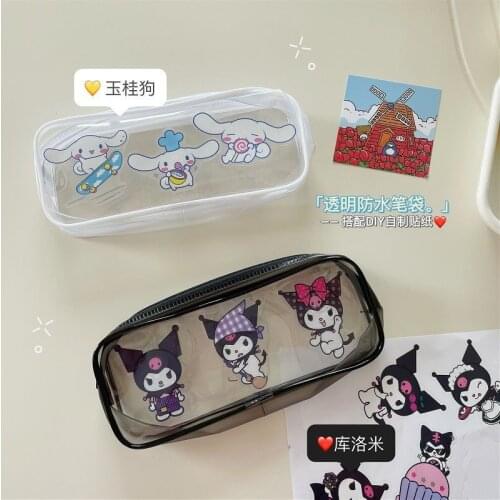 Cartoon DIY Homemade Waterproof Zipper Pencil Case hello kitty Kuromi Transparent PU Stationery Storage Bag Pencil Case 20x8x3cm