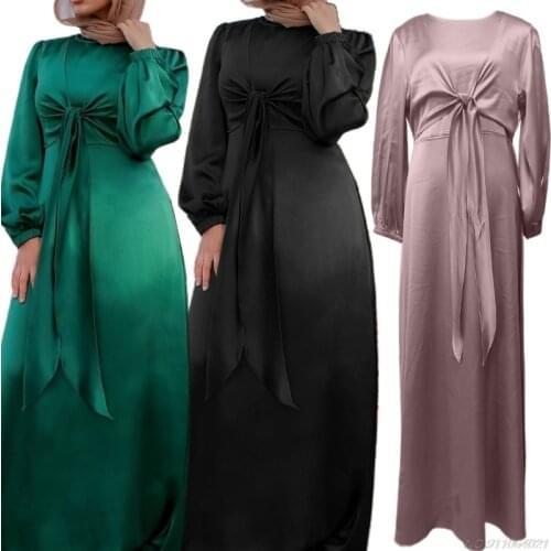 Muslim Maxi Dress O-Neck Dubai Turkey Islam Malay Clothing Lace Up Dual Wear Ramadan Modest Robe for Womens Girls ly16wholesales